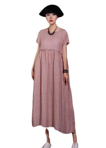 Pink O-Neck Pockets Cotton Dress Short Sleeve