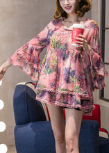 Load image into Gallery viewer, Pink O-Neck Print Chiffon Top Long Sleeve