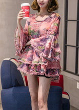 Load image into Gallery viewer, Pink O-Neck Print Chiffon Top Long Sleeve