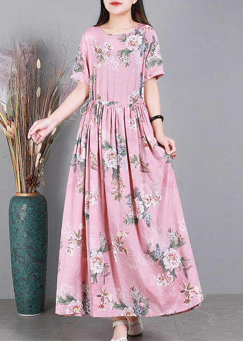 Pink O-Neck Print Drawstring Linen Dresses Short Sleeve