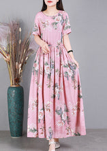 Load image into Gallery viewer, Pink O-Neck Print Drawstring Linen Dresses Short Sleeve
