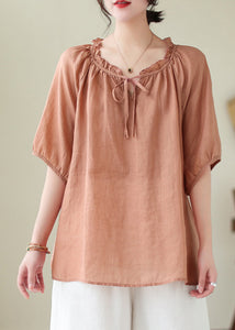 Pink Orange Linen Shirt Top Ruffled Lace Up Summer