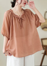 Load image into Gallery viewer, Pink Orange Linen Shirt Top Ruffled Lace Up Summer