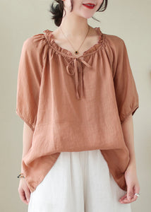 Pink Orange Linen Shirt Top Ruffled Lace Up Summer