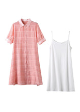 Load image into Gallery viewer, Pink Patchwork Cotton Shirt Dresses Two Piece Set Wrinkled Summer