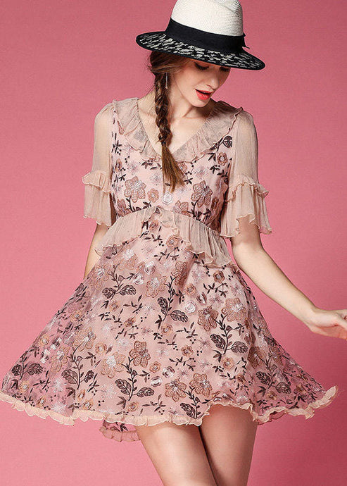 Pink Patchwork Tulle Mini Dress V Neck Ruffled Embroideried Short Sleeve