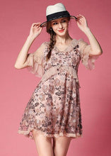 Load image into Gallery viewer, Pink Patchwork Tulle Mini Dress V Neck Ruffled Embroideried Short Sleeve