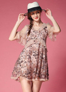 Pink Patchwork Tulle Mini Dress V Neck Ruffled Embroideried Short Sleeve