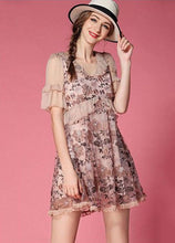 Load image into Gallery viewer, Pink Patchwork Tulle Mini Dress V Neck Ruffled Embroideried Short Sleeve