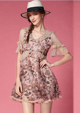 Load image into Gallery viewer, Pink Patchwork Tulle Mini Dress V Neck Ruffled Embroideried Short Sleeve