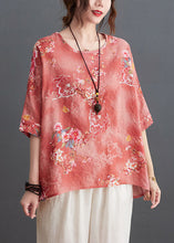 Load image into Gallery viewer, Pink Print Linen Loose Tank O-Neck Low High Design Half Sleeve