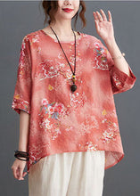 Load image into Gallery viewer, Pink Print Linen Loose Tank O-Neck Low High Design Half Sleeve