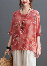 Load image into Gallery viewer, Pink Print Linen Loose Tank O-Neck Low High Design Half Sleeve