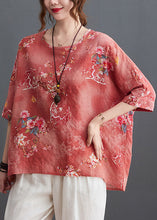 Load image into Gallery viewer, Pink Print Linen Loose Tank O-Neck Low High Design Half Sleeve