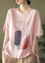 Load image into Gallery viewer, Pink Print Loose Linen Tank Tops O-Neck Short Sleeve