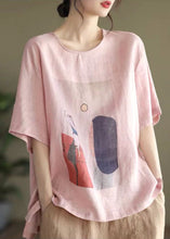 Load image into Gallery viewer, Pink Print Loose Linen Tank Tops O-Neck Short Sleeve