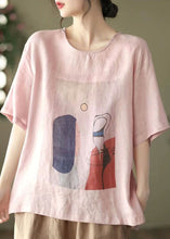 Load image into Gallery viewer, Pink Print Loose Linen Tank Tops O-Neck Short Sleeve