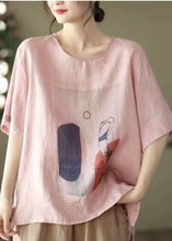 Load image into Gallery viewer, Pink Print Loose Linen Tank Tops O-Neck Short Sleeve