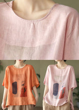 Load image into Gallery viewer, Pink Print Loose Linen Tank Tops O-Neck Short Sleeve