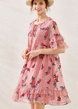 Load image into Gallery viewer, Pink Ruffles Lace Holiday Dresses Lace Up Embroideried Short Sleeve