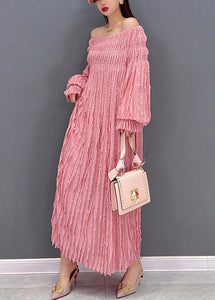 Pink Sexy Long Dresses Slash neck wrinkled Long Sleeve