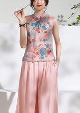 Load image into Gallery viewer, Pink Stand Collar Print Summer Ramie Sleeveless Shirts