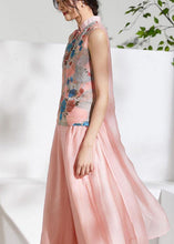 Load image into Gallery viewer, Pink Stand Collar Print Summer Ramie Sleeveless Shirts