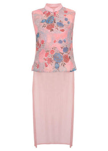 Pink Stand Collar Print Summer Ramie Sleeveless Shirts