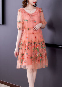 Pink Tulle Mid Dresses Ruffled Embroideried Short Sleeve