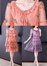 Load image into Gallery viewer, Pink Tulle Mid Dresses Ruffled Embroideried Short Sleeve