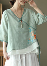 Load image into Gallery viewer, Pink V Neck Embroideried Summer Ramie Half Sleeve Tops