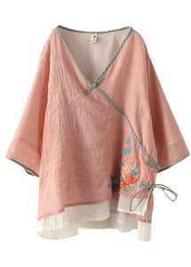 Pink V Neck Embroideried Summer Ramie Half Sleeve Tops