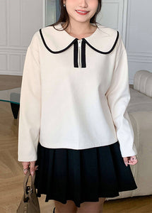 Plus Size Apricot Peter Pan Collar Patchwork Cotton Tops Fall