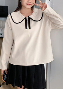 Plus Size Apricot Peter Pan Collar Patchwork Cotton Tops Fall