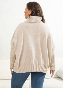 Plus Size Apricot Turtleneck Love Print Thick Knit Sweaters Long Sleeve
