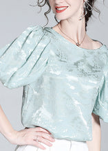 Load image into Gallery viewer, Plus Size Baby Blue O-Neck Jacquard Silk Top Puff Sleeve