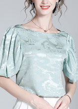 Load image into Gallery viewer, Plus Size Baby Blue O-Neck Jacquard Silk Top Puff Sleeve