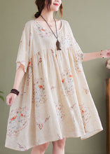 Load image into Gallery viewer, Plus Size Beige O-Neck Wrinkled Print Cotton Mid Dress Short Sleeve