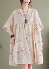 Load image into Gallery viewer, Plus Size Beige O-Neck Wrinkled Print Cotton Mid Dress Short Sleeve