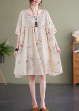 Load image into Gallery viewer, Plus Size Beige O-Neck Wrinkled Print Cotton Mid Dress Short Sleeve