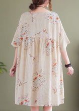 Load image into Gallery viewer, Plus Size Beige O-Neck Wrinkled Print Cotton Mid Dress Short Sleeve