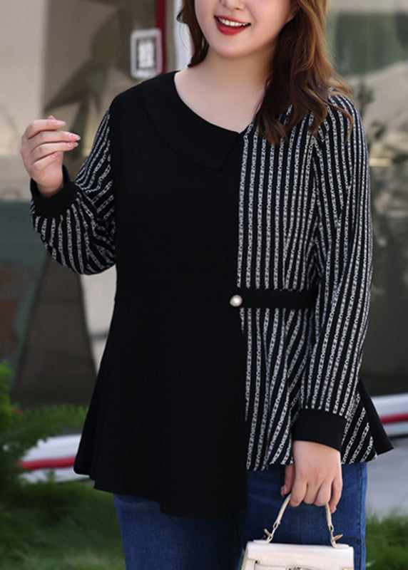 Plus Size Black Asymmetrical Striped Patchwork Chiffon Shirt Long Sleeve