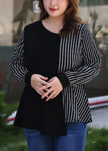 Plus Size Black Asymmetrical Striped Patchwork Chiffon Shirt Long Sleeve