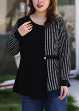 Load image into Gallery viewer, Plus Size Black Asymmetrical Striped Patchwork Chiffon Shirt Long Sleeve