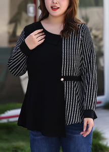 Plus Size Black Asymmetrical Striped Patchwork Chiffon Shirt Long Sleeve