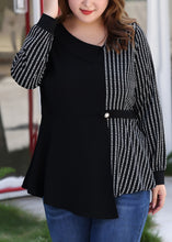 Load image into Gallery viewer, Plus Size Black Asymmetrical Striped Patchwork Chiffon Shirt Long Sleeve