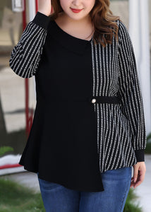 Plus Size Black Asymmetrical Striped Patchwork Chiffon Shirt Long Sleeve