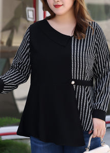 Plus Size Black Asymmetrical Striped Patchwork Chiffon Shirt Long Sleeve