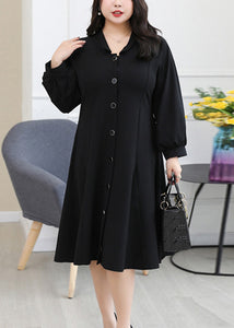 Plus Size Black Button Pockets Patchwork Cotton Shirts Dresses Long Sleeve