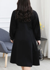 Plus Size Black Button Pockets Patchwork Cotton Shirts Dresses Long Sleeve